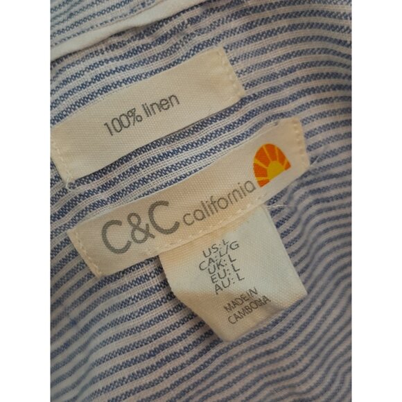 Womens Striped Linen Quiet Luxury Roll Tab Beachy Vacation Sz Large Shirt Dress - Picture 7 of 9